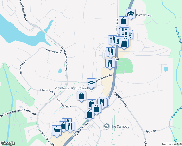 map of restaurants, bars, coffee shops, grocery stores, and more near 111 Middleton Drive in Peachtree City