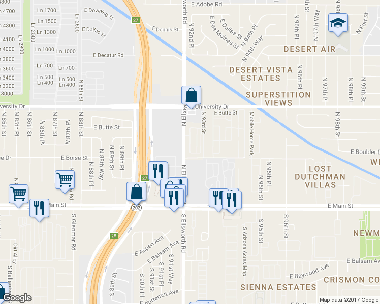 map of restaurants, bars, coffee shops, grocery stores, and more near Mobile Home Park in Mesa