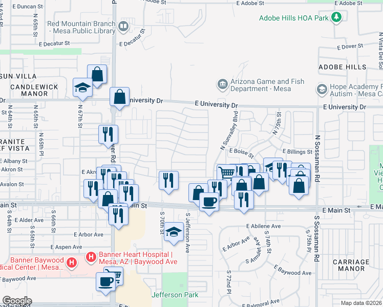 map of restaurants, bars, coffee shops, grocery stores, and more near E 3rd Ave in Mesa