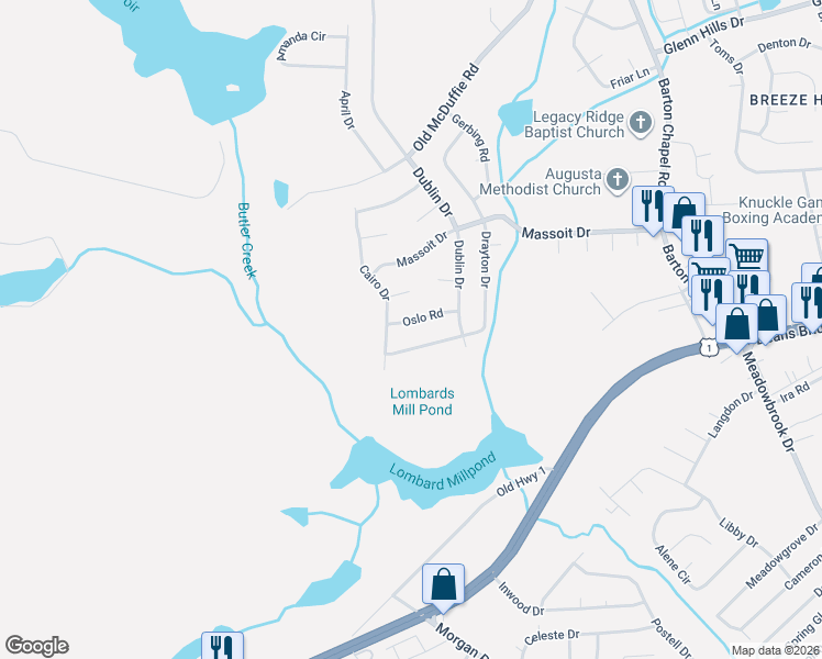 map of restaurants, bars, coffee shops, grocery stores, and more near 3715 Drayton Drive in Augusta
