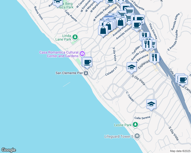 map of restaurants, bars, coffee shops, grocery stores, and more near 524 Avenida Victoria in San Clemente