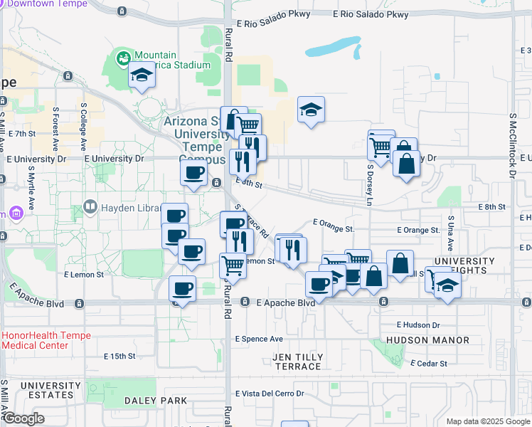 map of restaurants, bars, coffee shops, grocery stores, and more near 936 South Terrace Road in Tempe