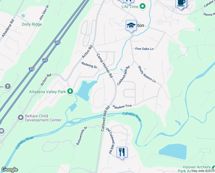 map of restaurants, bars, coffee shops, grocery stores, and more near 2716 Lakeland Trail in Birmingham