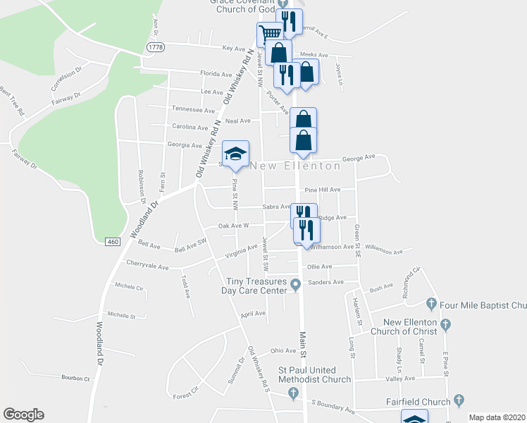 map of restaurants, bars, coffee shops, grocery stores, and more near 105 Jewel Street Northwest in New Ellenton