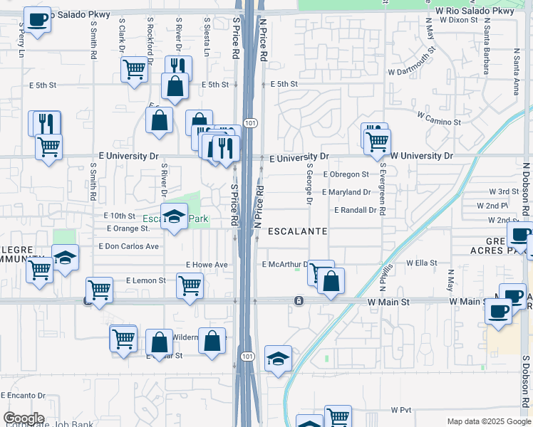 map of restaurants, bars, coffee shops, grocery stores, and more near 2237 East Randall Drive in Tempe