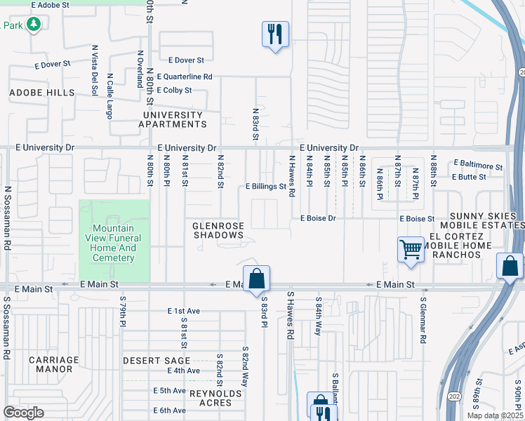map of restaurants, bars, coffee shops, grocery stores, and more near 147 North 82nd Place in Mesa