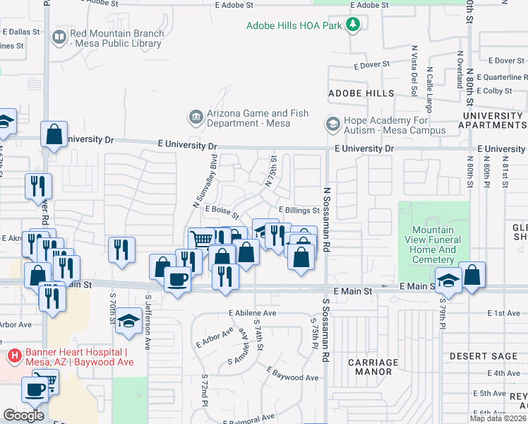 map of restaurants, bars, coffee shops, grocery stores, and more near 205 North 74th Street in Mesa