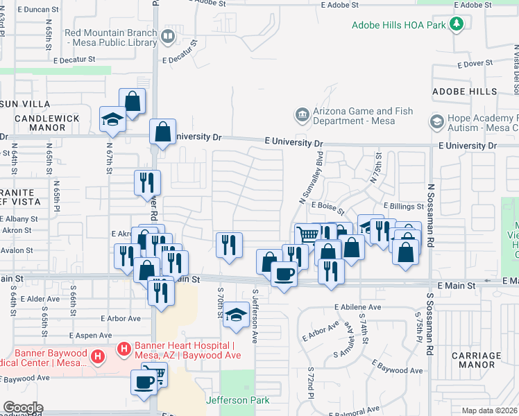 map of restaurants, bars, coffee shops, grocery stores, and more near E 3rd Ave in Mesa