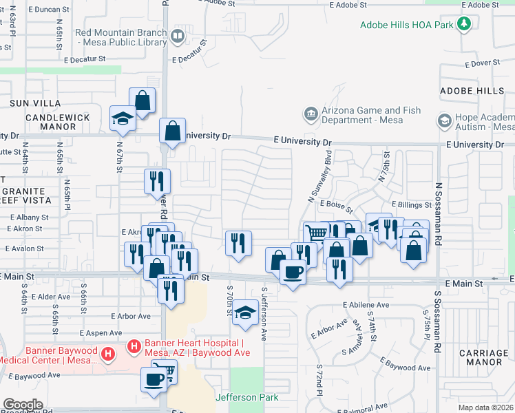 map of restaurants, bars, coffee shops, grocery stores, and more near E 3rd Ave in Mesa