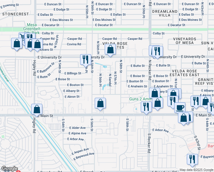 map of restaurants, bars, coffee shops, grocery stores, and more near 144 North Sandal in Mesa