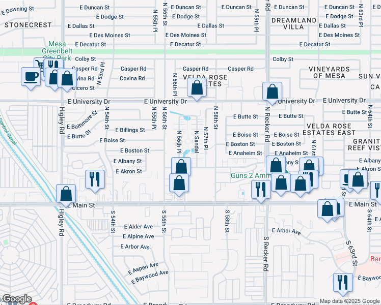 map of restaurants, bars, coffee shops, grocery stores, and more near 144 North Sandal in Mesa