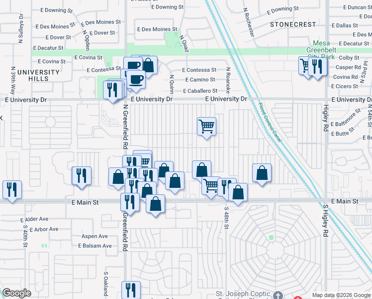 map of restaurants, bars, coffee shops, grocery stores, and more near Mobile Home Park in Mesa