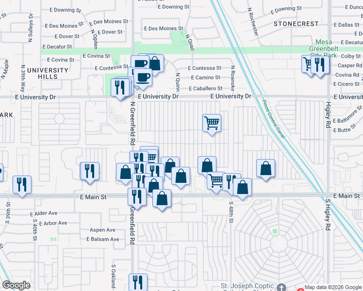 map of restaurants, bars, coffee shops, grocery stores, and more near North Mesa Regal Recreation Veh Park in Mesa