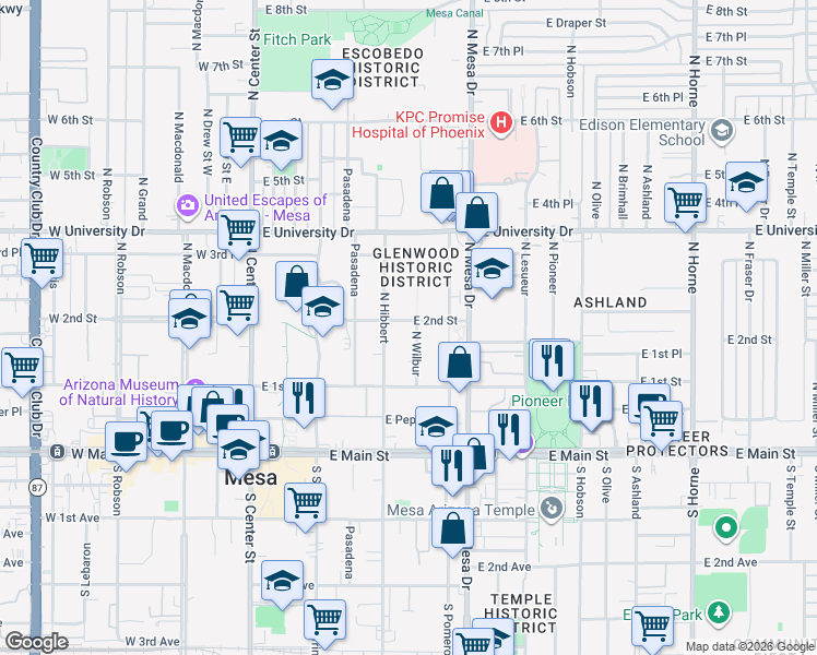 map of restaurants, bars, coffee shops, grocery stores, and more near 132 North Wilbur in Mesa
