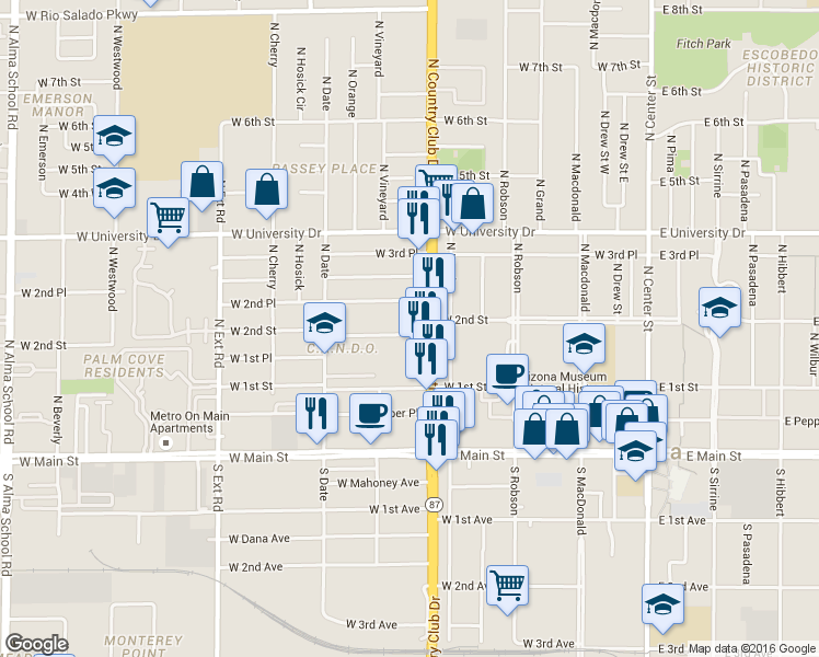 map of restaurants, bars, coffee shops, grocery stores, and more near 437 West Clark Street in Mesa