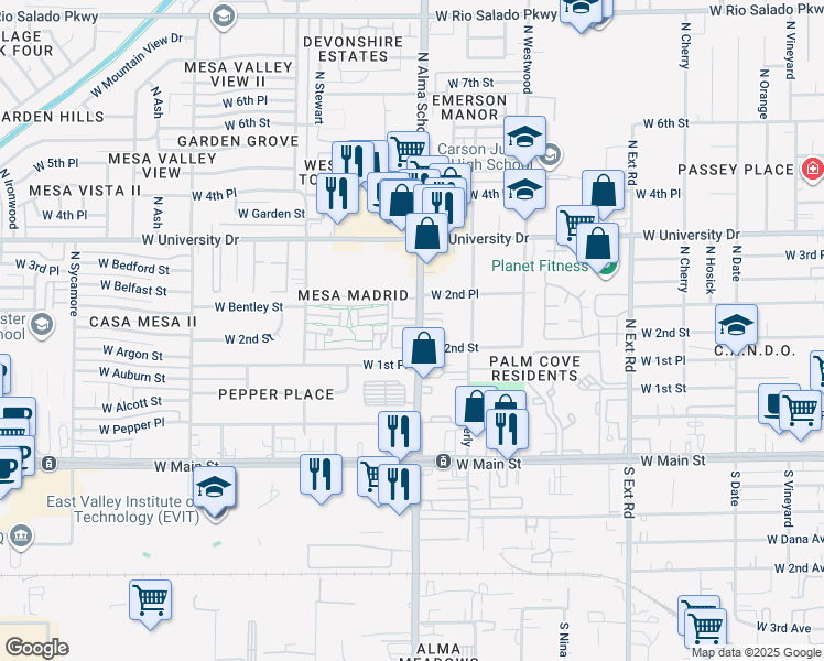map of restaurants, bars, coffee shops, grocery stores, and more near 151 North Alma School Road in Mesa