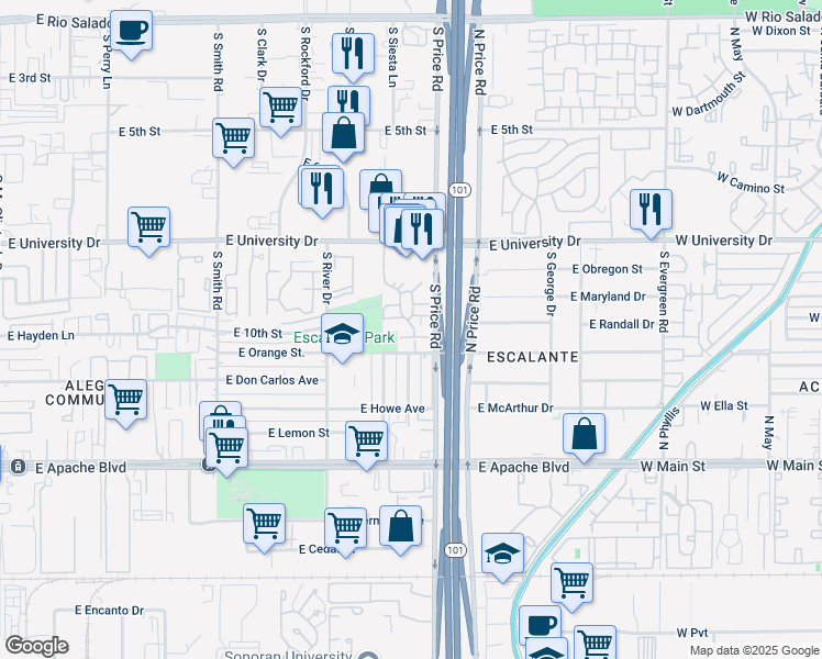 map of restaurants, bars, coffee shops, grocery stores, and more near in Tempe
