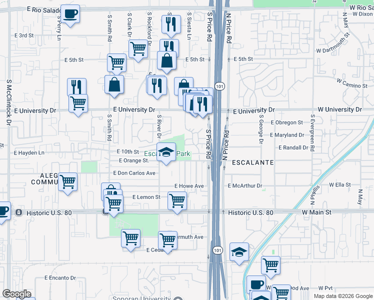 map of restaurants, bars, coffee shops, grocery stores, and more near in Tempe