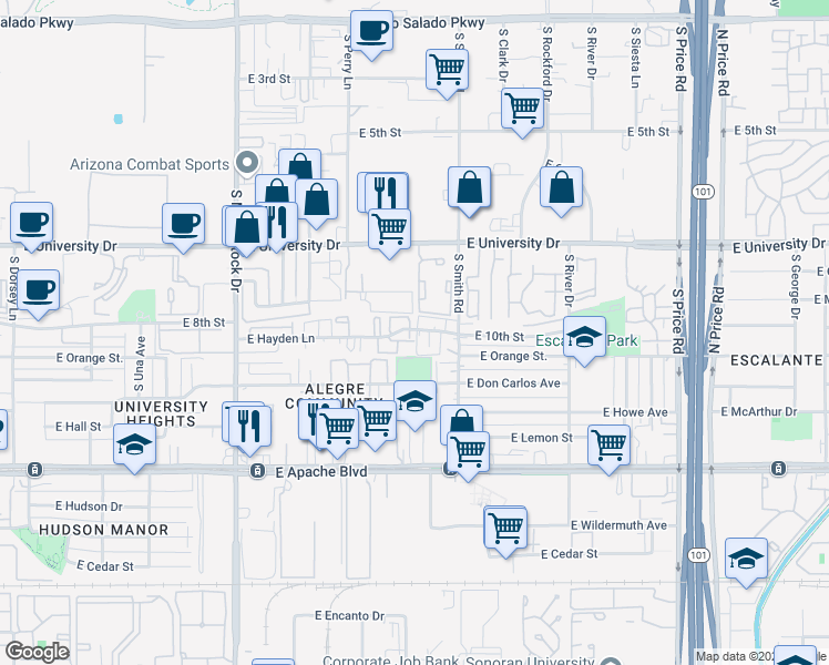 map of restaurants, bars, coffee shops, grocery stores, and more near 920 South Kenwood Circle in Tempe