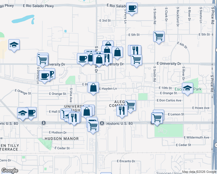 map of restaurants, bars, coffee shops, grocery stores, and more near 1826 East Randall Drive in Tempe