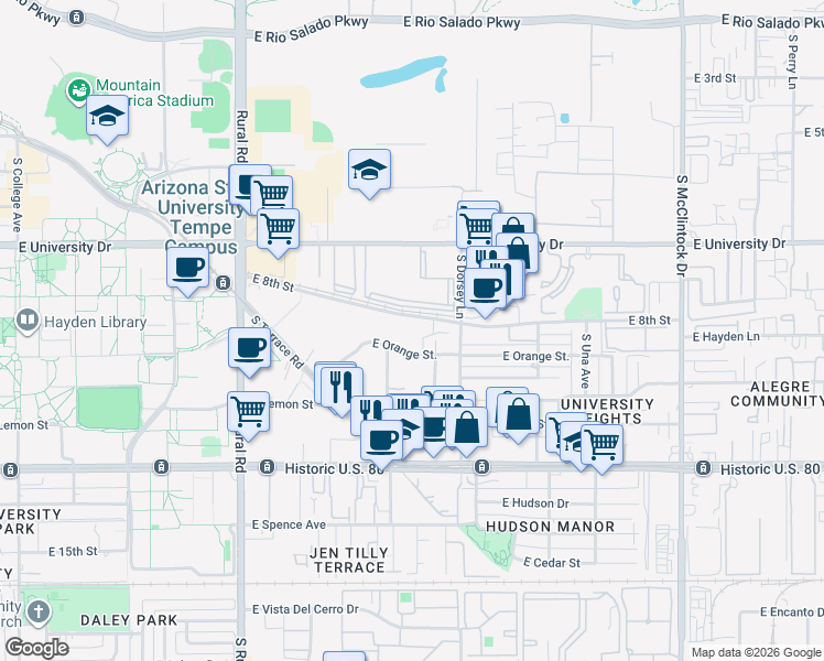 map of restaurants, bars, coffee shops, grocery stores, and more near 1150 East Orange Street in Tempe
