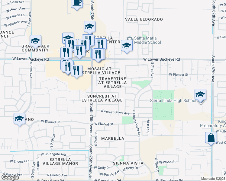 map of restaurants, bars, coffee shops, grocery stores, and more near 7318 West Pioneer Street in Phoenix