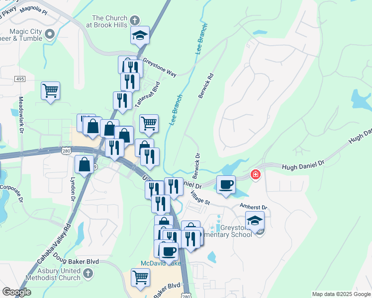 map of restaurants, bars, coffee shops, grocery stores, and more near 1303 Berwick Circle in Birmingham