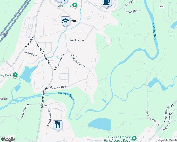 map of restaurants, bars, coffee shops, grocery stores, and more near 4804 Shady Water Lane in Birmingham