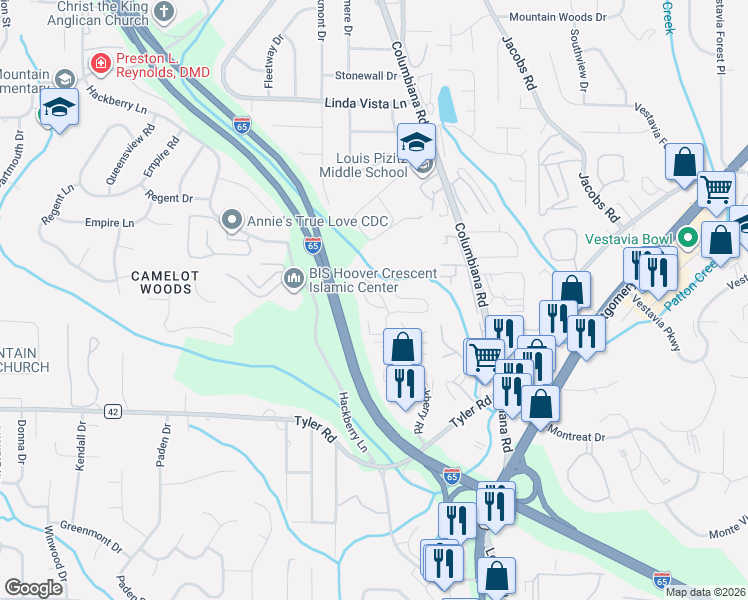 map of restaurants, bars, coffee shops, grocery stores, and more near 2638 Hackberry Road in Vestavia Hills
