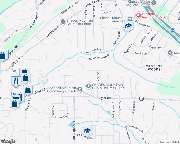 map of restaurants, bars, coffee shops, grocery stores, and more near 2328 Mountain Oaks Lane in Birmingham