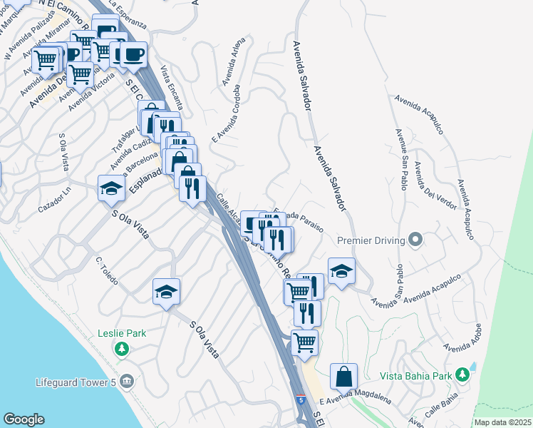map of restaurants, bars, coffee shops, grocery stores, and more near 117 East Avenida San Juan in San Clemente