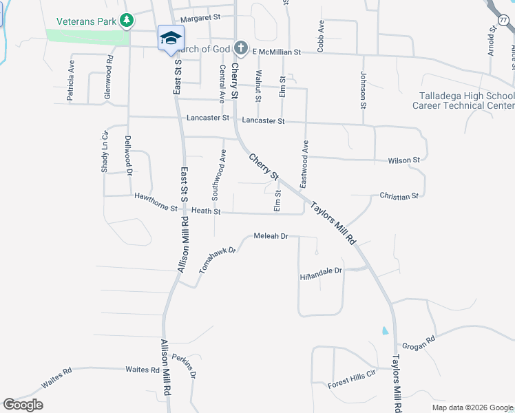 map of restaurants, bars, coffee shops, grocery stores, and more near 311 Heath Street in Talladega