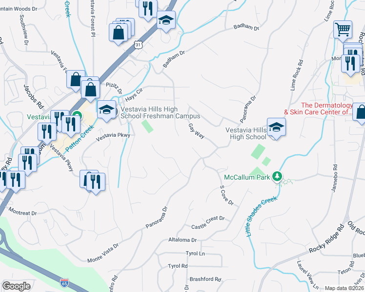 map of restaurants, bars, coffee shops, grocery stores, and more near 2232 Royal Crest Drive in Vestavia Hills