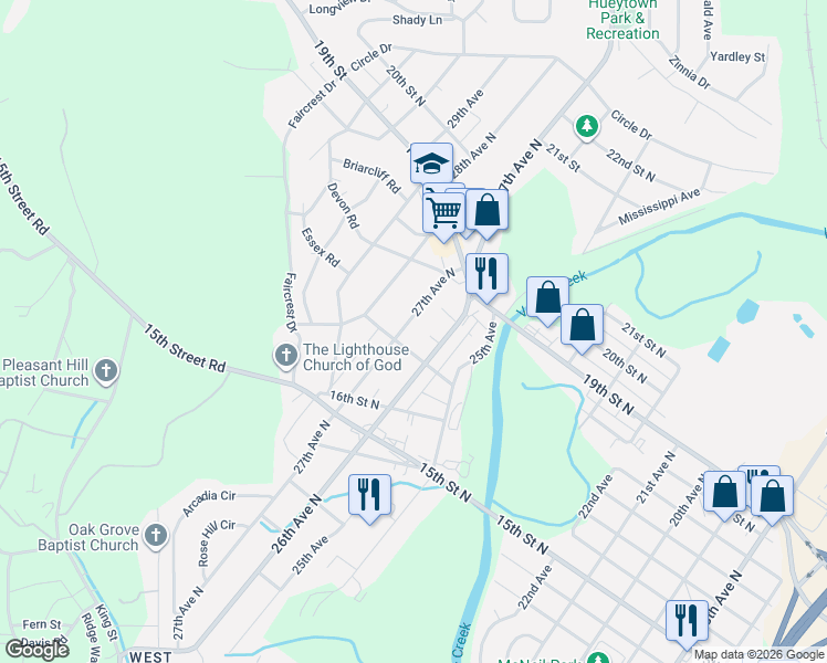map of restaurants, bars, coffee shops, grocery stores, and more near 1702 26th Avenue North in Hueytown
