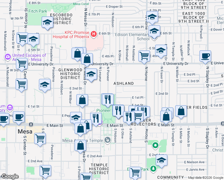 map of restaurants, bars, coffee shops, grocery stores, and more near 226 North Hobson in Mesa
