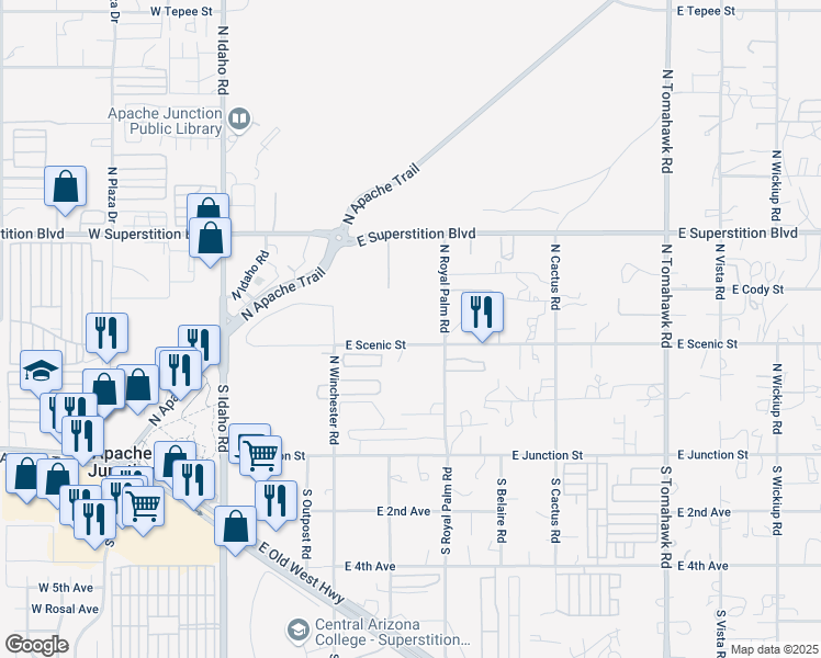 map of restaurants, bars, coffee shops, grocery stores, and more near 669 East Scenic Street in Apache Junction