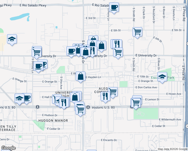 map of restaurants, bars, coffee shops, grocery stores, and more near 1826 East Randall Drive in Tempe