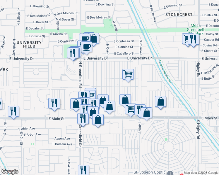 map of restaurants, bars, coffee shops, grocery stores, and more near North Mesa Regal Recreation Veh Park in Mesa