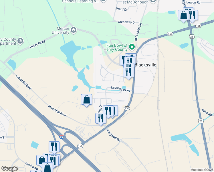 map of restaurants, bars, coffee shops, grocery stores, and more near 1420 Labonte Parkway in McDonough