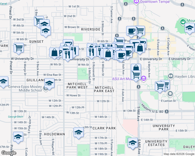map of restaurants, bars, coffee shops, grocery stores, and more near in Tempe