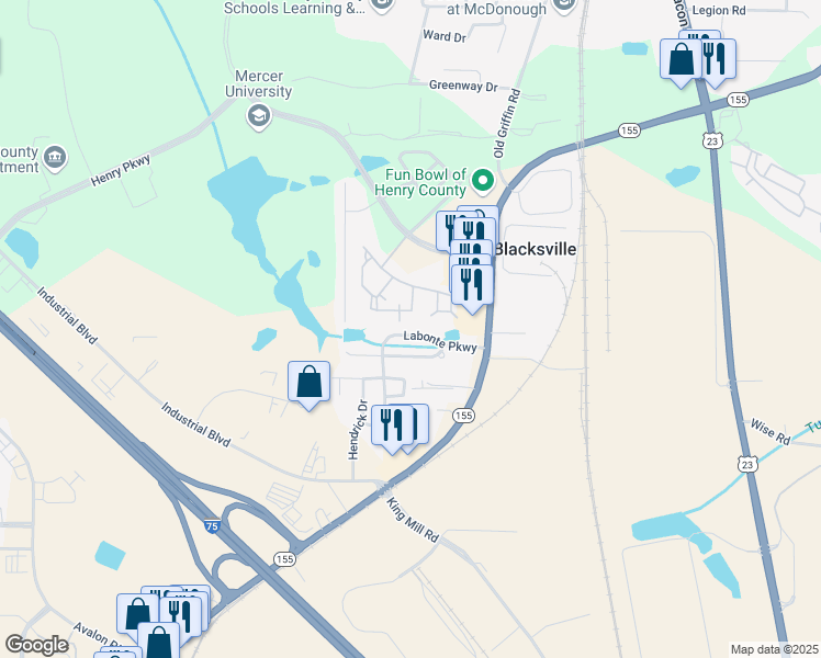 map of restaurants, bars, coffee shops, grocery stores, and more near 1230 Labonte Parkway in McDonough