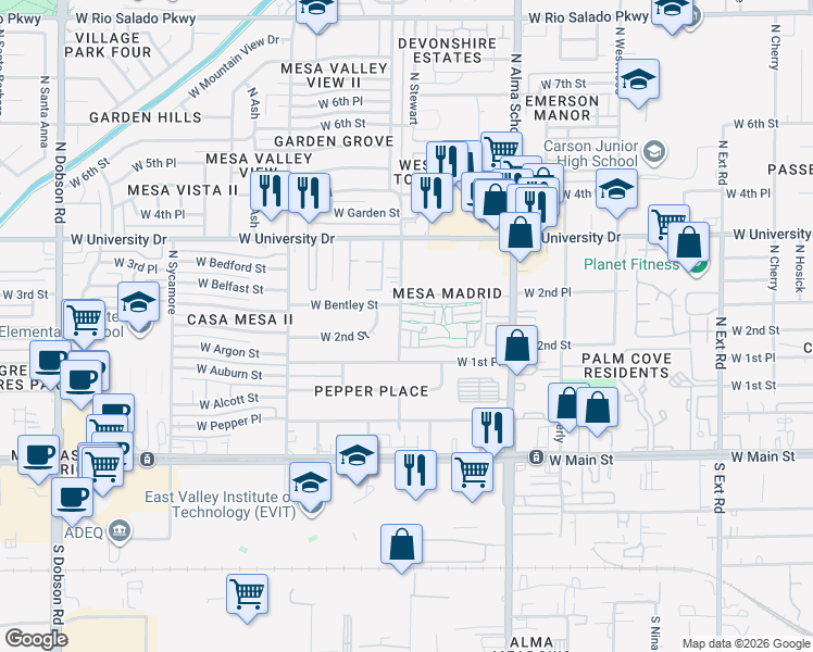map of restaurants, bars, coffee shops, grocery stores, and more near 1406 West Bentley Street in Mesa