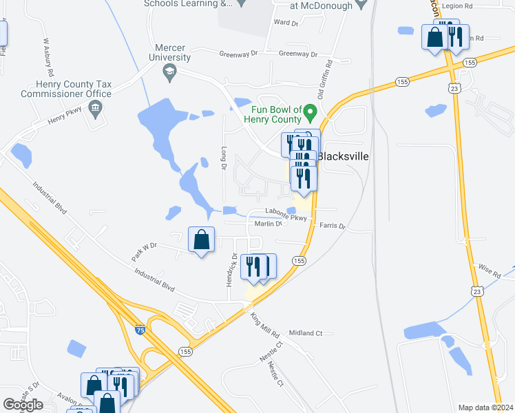 map of restaurants, bars, coffee shops, grocery stores, and more near 1330 Labonte Parkway in McDonough