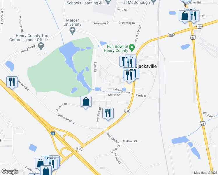 map of restaurants, bars, coffee shops, grocery stores, and more near 1002 Crossing Boulevard in McDonough