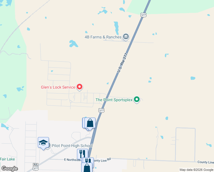 map of restaurants, bars, coffee shops, grocery stores, and more near 1281 U.S. 377 in Pilot Point