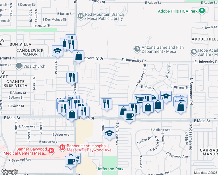 map of restaurants, bars, coffee shops, grocery stores, and more near 215 North Power Road in Mesa