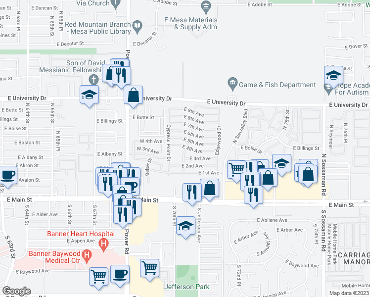map of restaurants, bars, coffee shops, grocery stores, and more near 215 North Power Road in Mesa