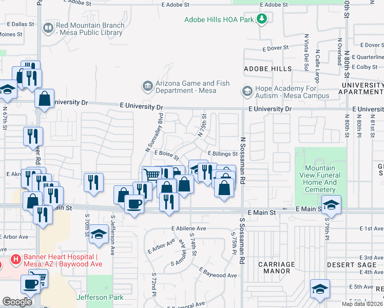 map of restaurants, bars, coffee shops, grocery stores, and more near 205 North 74th Street in Mesa