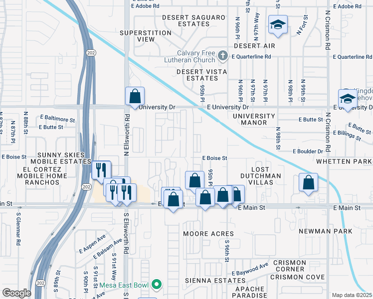 map of restaurants, bars, coffee shops, grocery stores, and more near 9427 Mobile Home Park in Mesa