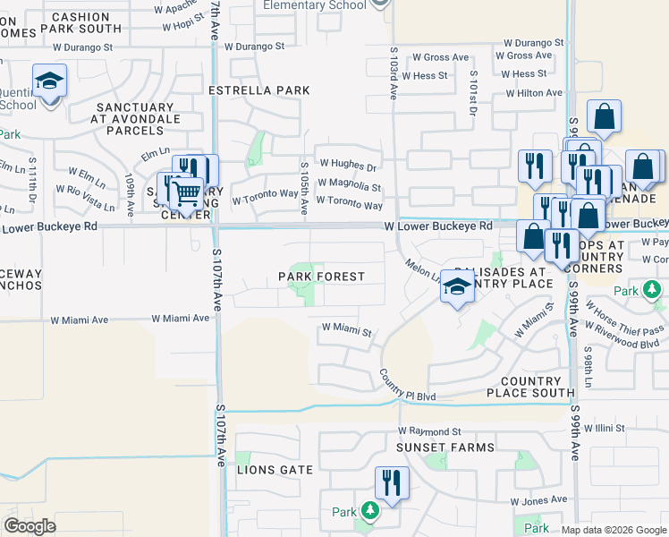 map of restaurants, bars, coffee shops, grocery stores, and more near 10442 West Cordes Road in Tolleson